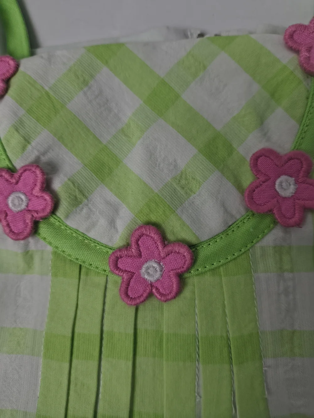 Girls' Green Check Two-Piece Summer Set with Pink Flower Accents